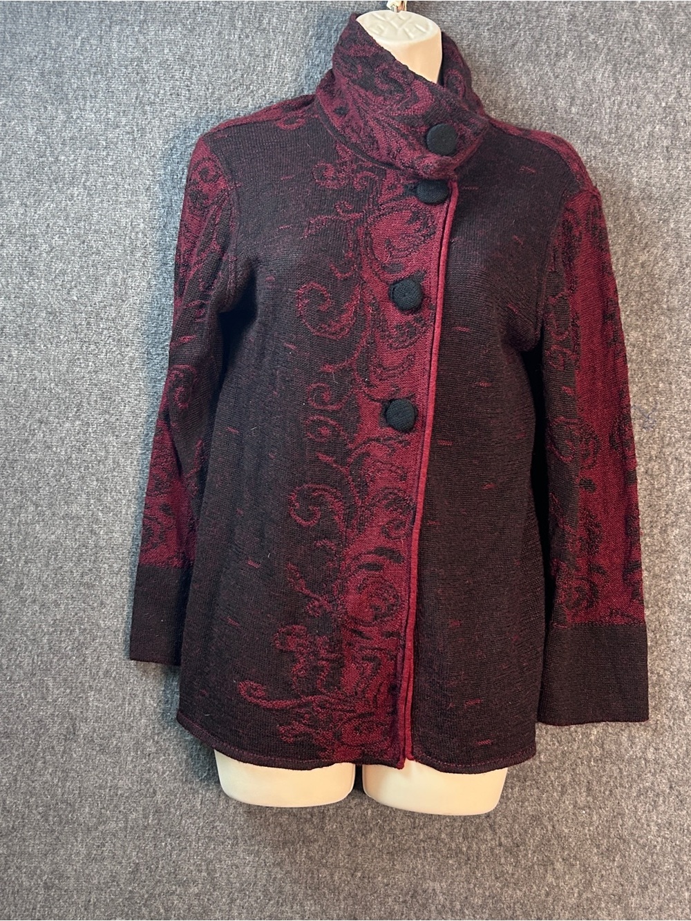 Peruvian Link Cardigan Sweater Womens M Red Alpaca Mock Neck Paisley Button